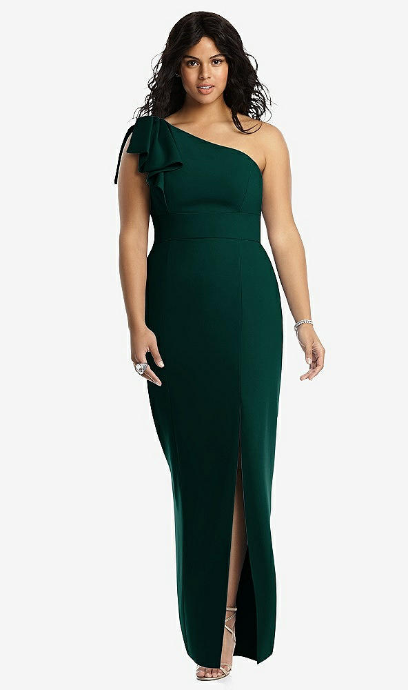 Front View - Evergreen Bowed One-Shoulder Trumpet Gown