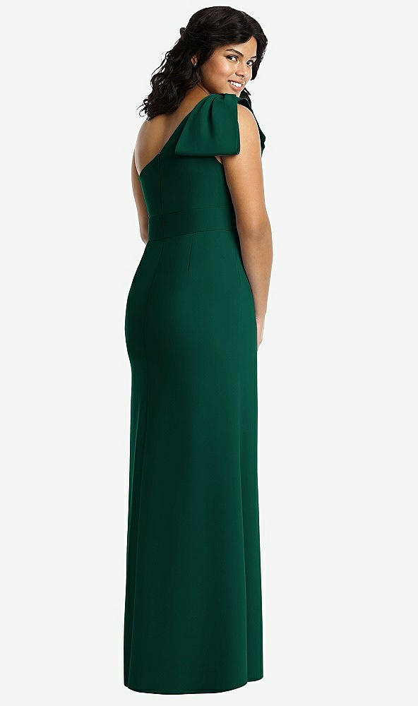 Back View - Hunter Green Bowed One-Shoulder Trumpet Gown