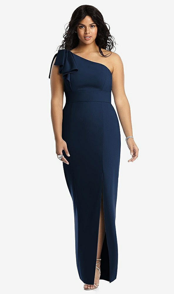 Front View - Midnight Navy Bowed One-Shoulder Trumpet Gown