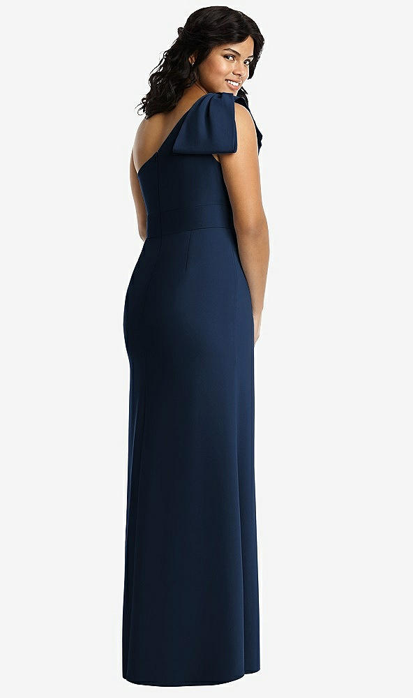 Back View - Midnight Navy Bowed One-Shoulder Trumpet Gown