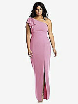 Front View Thumbnail - Powder Pink Bowed One-Shoulder Trumpet Gown