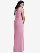 Rear View Thumbnail - Powder Pink Bowed One-Shoulder Trumpet Gown