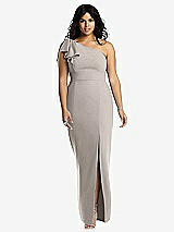 Front View Thumbnail - Taupe Bowed One-Shoulder Trumpet Gown