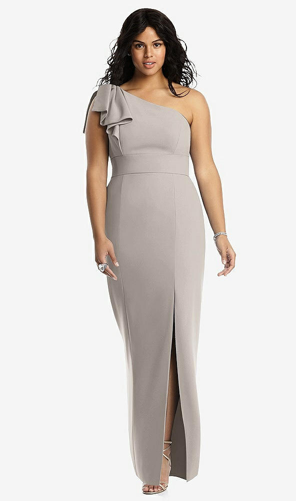 Front View - Taupe Bowed One-Shoulder Trumpet Gown