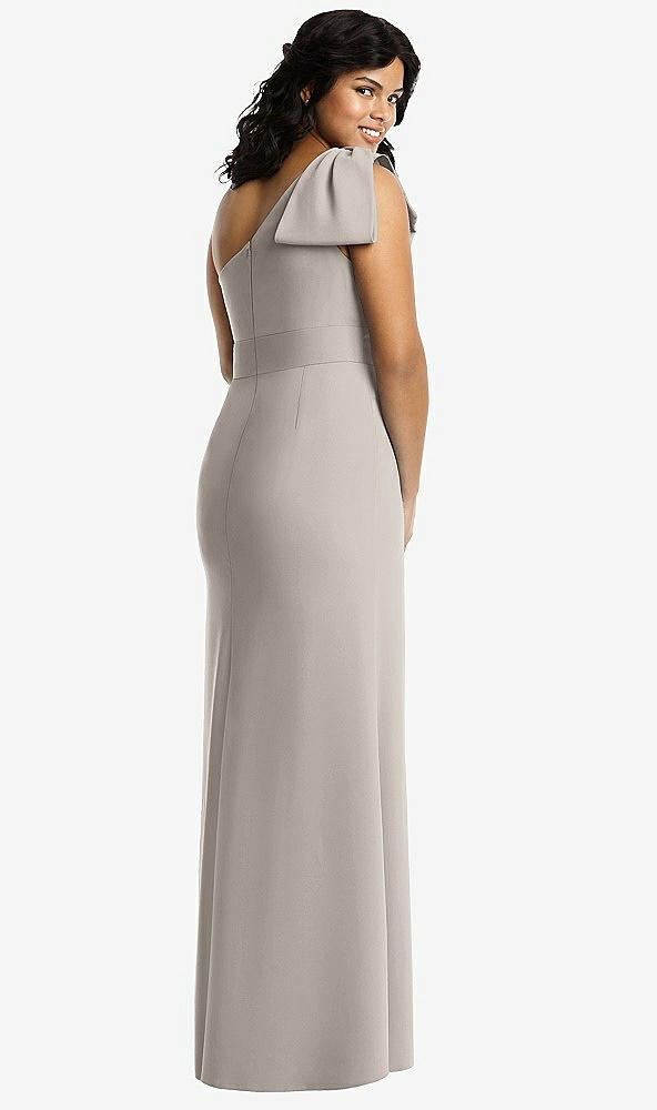 Back View - Taupe Bowed One-Shoulder Trumpet Gown