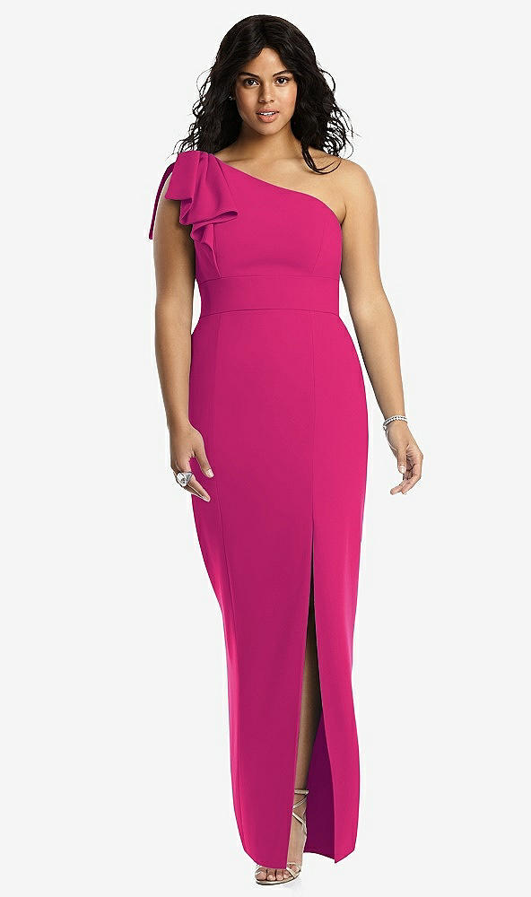 Front View - Think Pink Bowed One-Shoulder Trumpet Gown