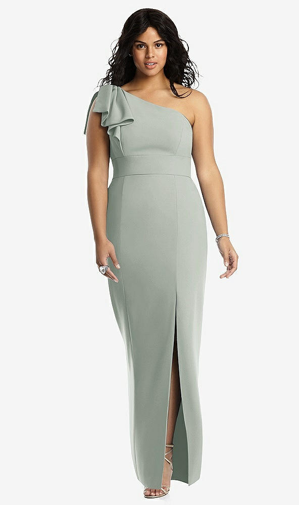 Front View - Willow Green Bowed One-Shoulder Trumpet Gown