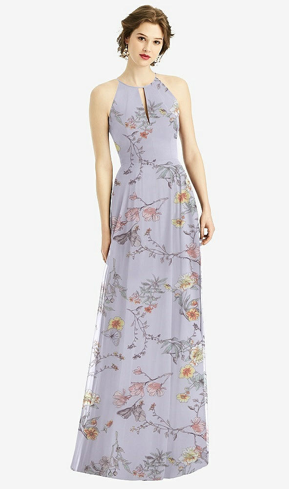 Front View - Butterfly Botanica Silver Dove Keyhole Halter Chiffon Maxi Dress