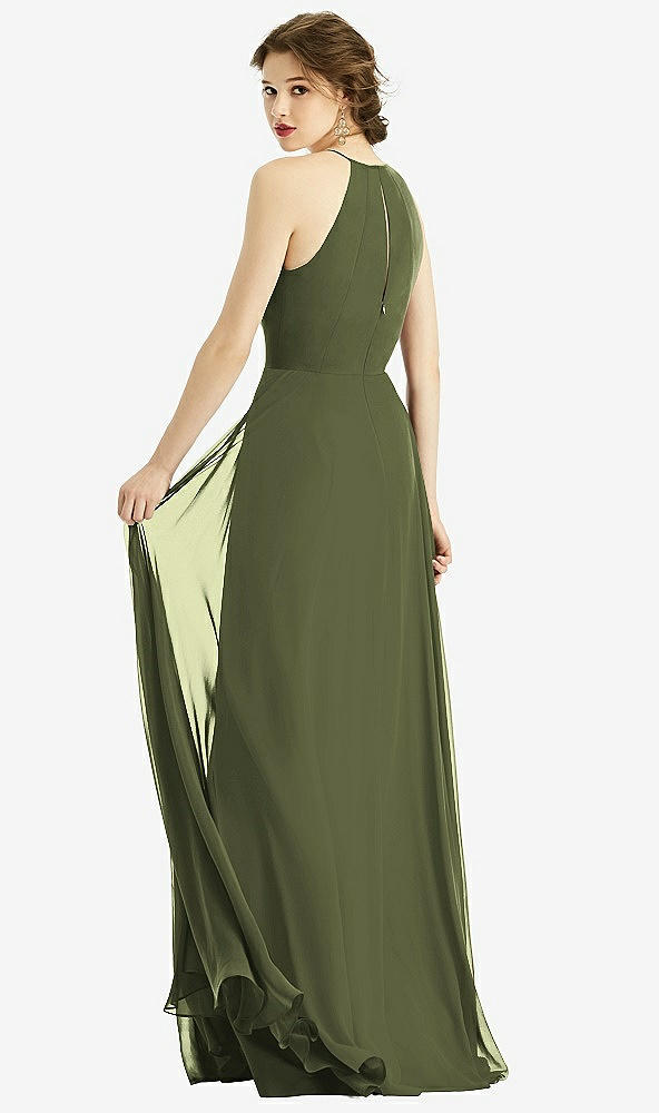 Back View - Olive Green Keyhole Halter Chiffon Maxi Dress
