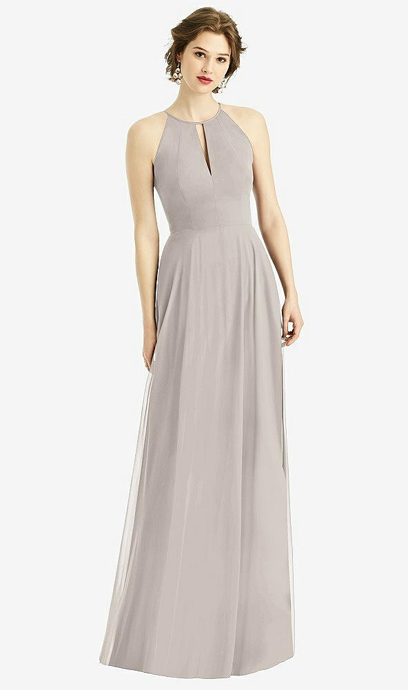 Front View - Taupe Keyhole Halter Chiffon Maxi Dress