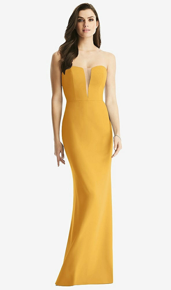 Front View - NYC Yellow & Light Nude Sheer Plunge Neckline Strapless Column Dress