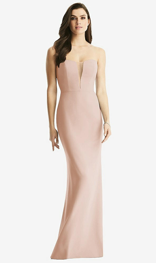 Front View - Cameo & Light Nude Sheer Plunge Neckline Strapless Column Dress