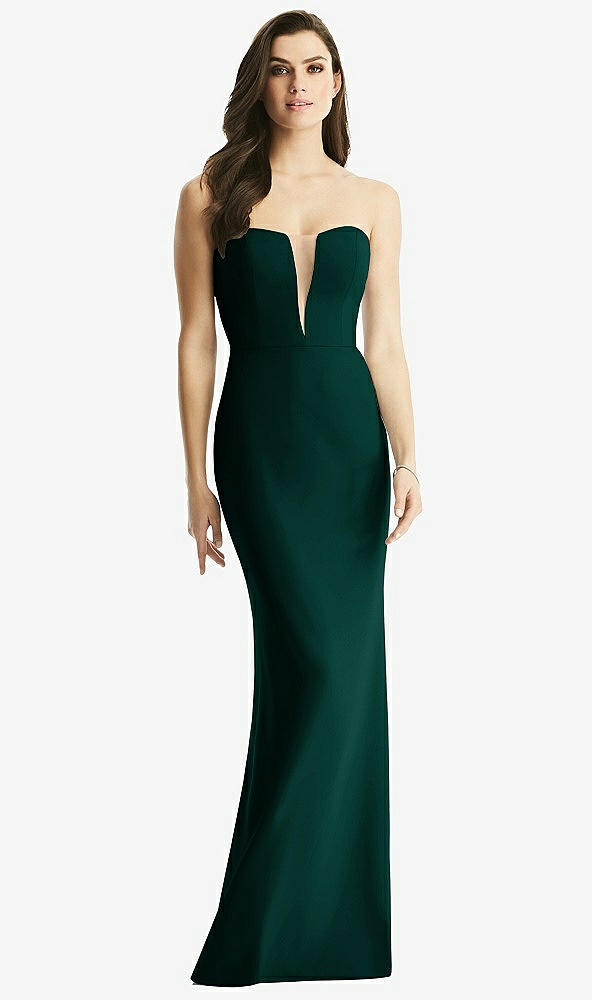 Front View - Evergreen & Light Nude Sheer Plunge Neckline Strapless Column Dress