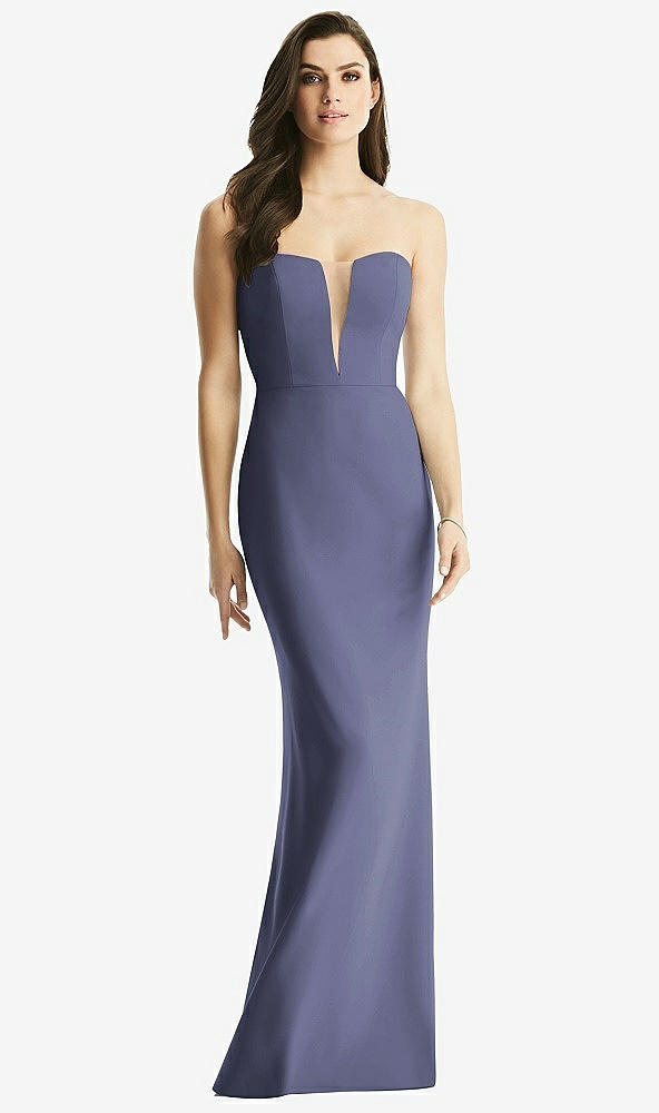 Front View - French Blue & Light Nude Sheer Plunge Neckline Strapless Column Dress