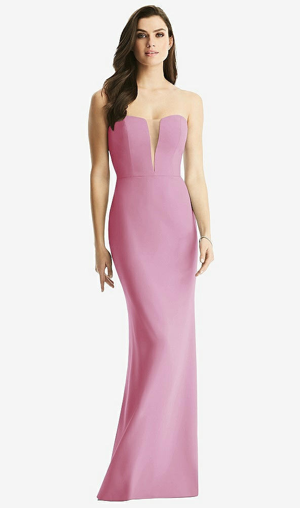 Front View - Powder Pink & Light Nude Sheer Plunge Neckline Strapless Column Dress