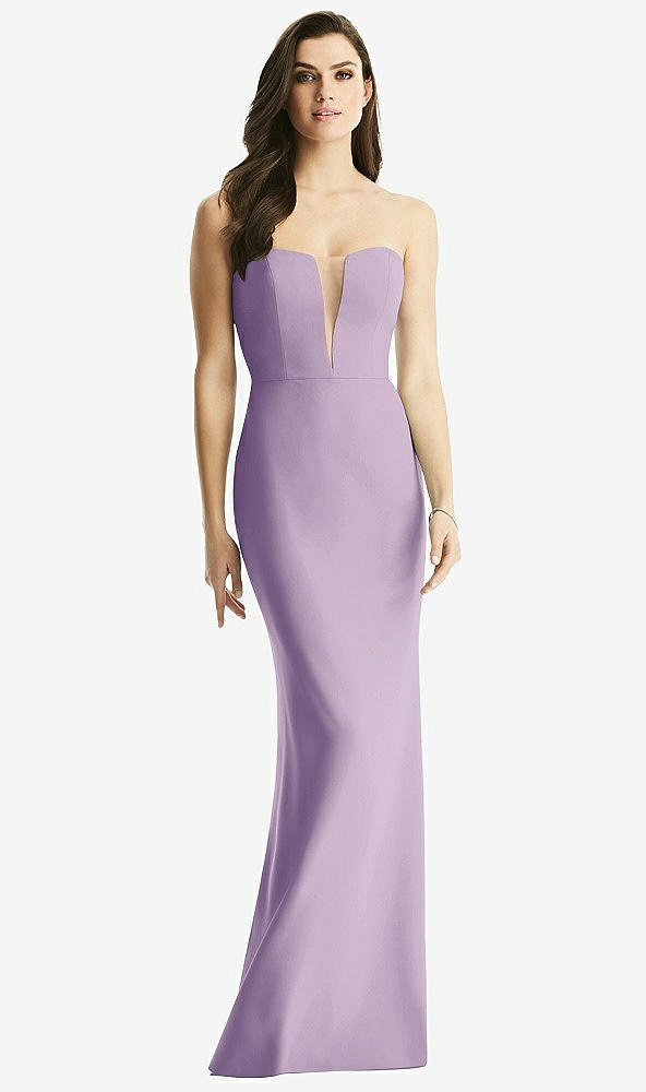 Front View - Pale Purple & Light Nude Sheer Plunge Neckline Strapless Column Dress