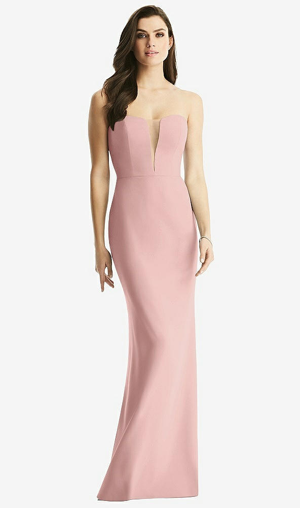 Front View - Rose - PANTONE Rose Quartz & Light Nude Sheer Plunge Neckline Strapless Column Dress