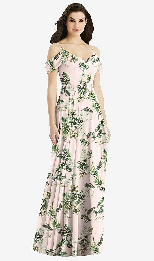 Back View - Palm Beach Print Off-the-Shoulder Open Cowl-Back Maxi Dress