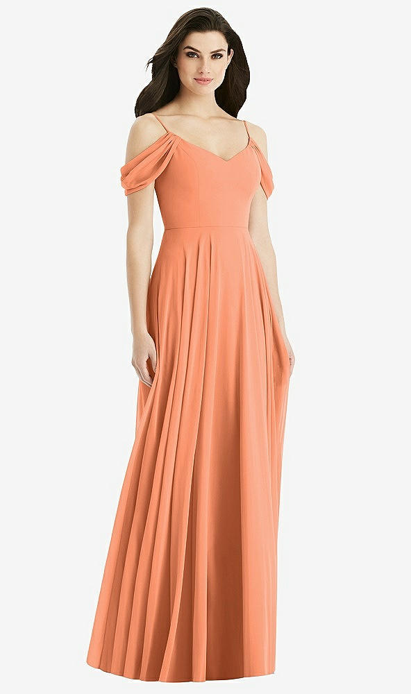 Back View - Sweet Melon Off-the-Shoulder Open Cowl-Back Maxi Dress