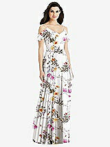 Rear View Thumbnail - Butterfly Botanica Ivory Off-the-Shoulder Open Cowl-Back Maxi Dress