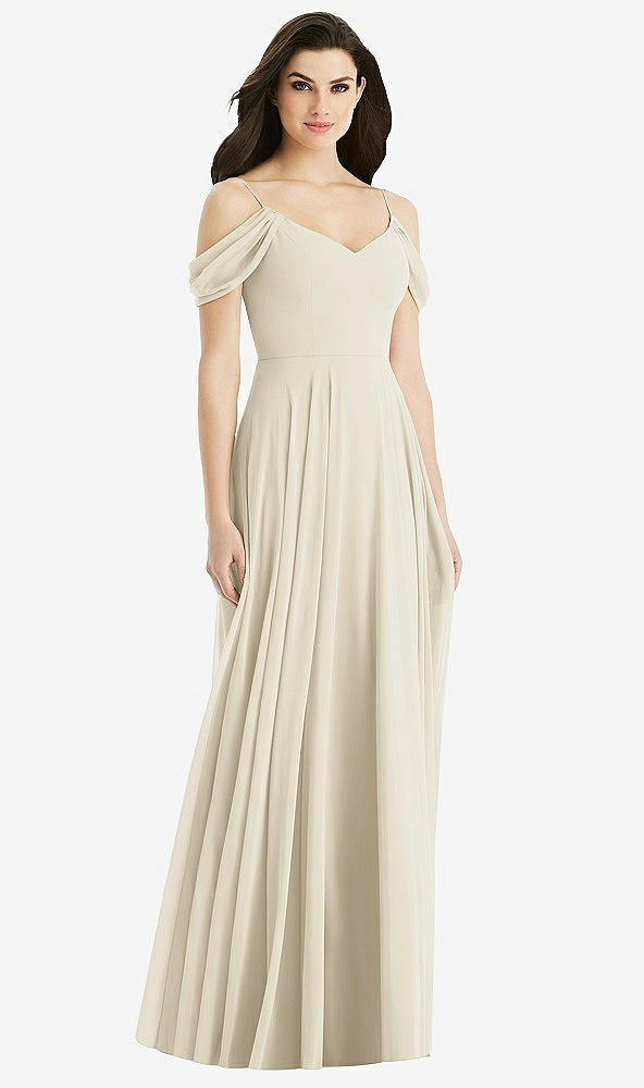 Back View - Champagne Off-the-Shoulder Open Cowl-Back Maxi Dress