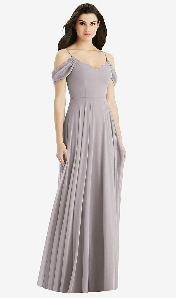 Back View - Cashmere Gray Off-the-Shoulder Open Cowl-Back Maxi Dress
