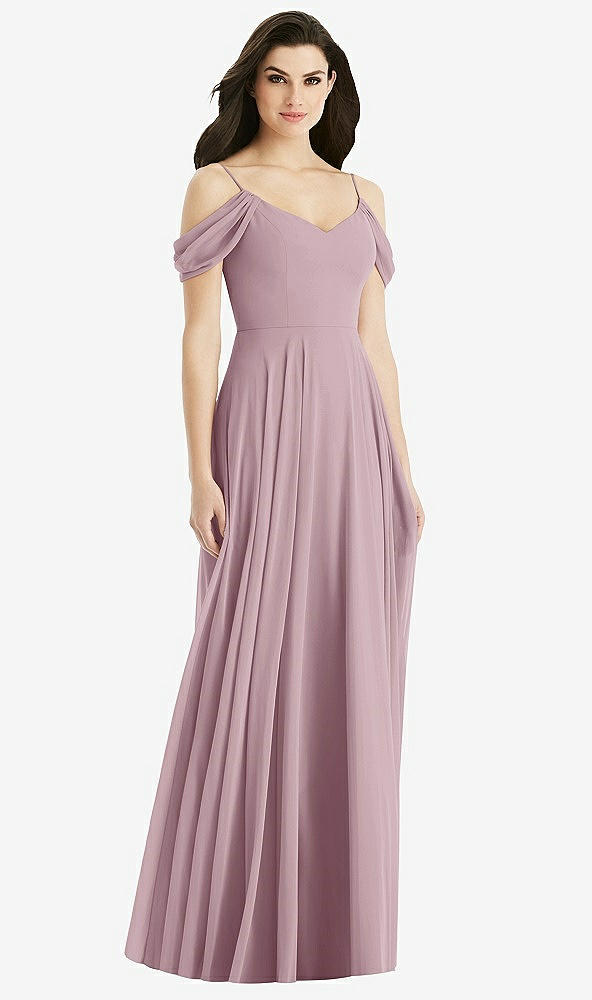 Back View - Dusty Rose Off-the-Shoulder Open Cowl-Back Maxi Dress