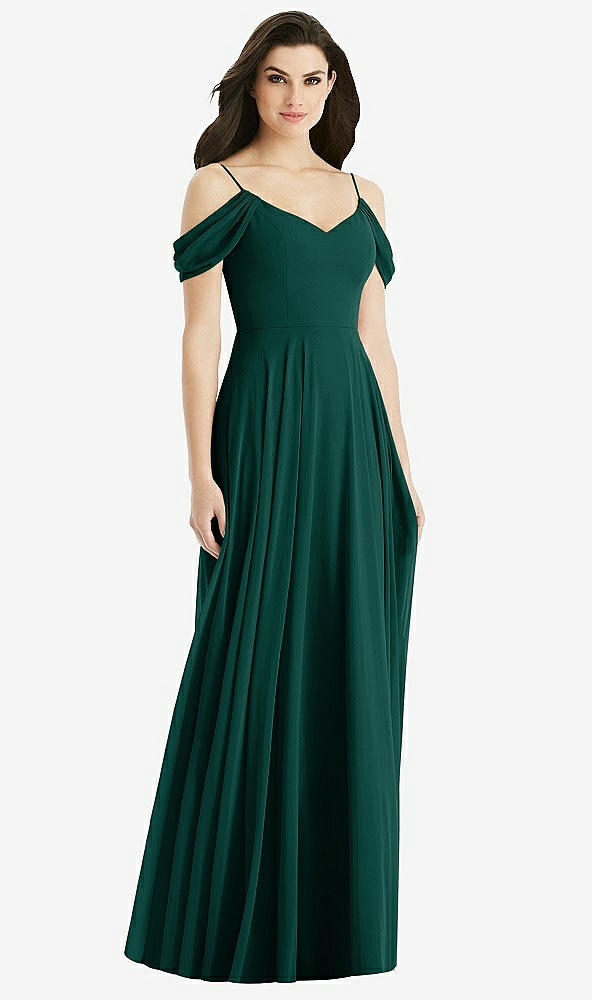 Back View - Evergreen Off-the-Shoulder Open Cowl-Back Maxi Dress