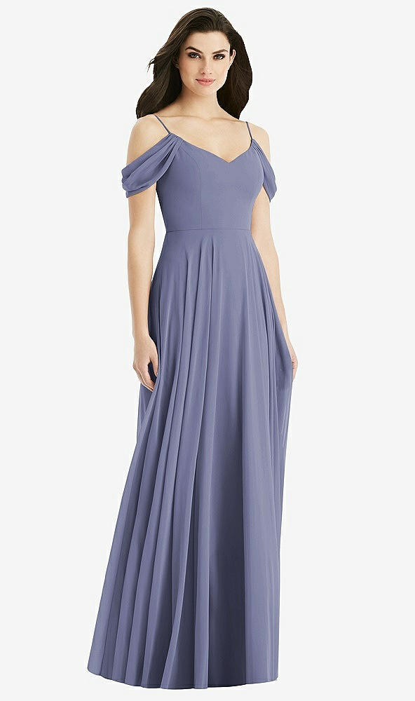 Back View - French Blue Off-the-Shoulder Open Cowl-Back Maxi Dress