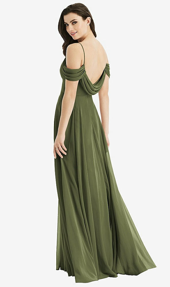 Front View - Olive Green Off-the-Shoulder Open Cowl-Back Maxi Dress