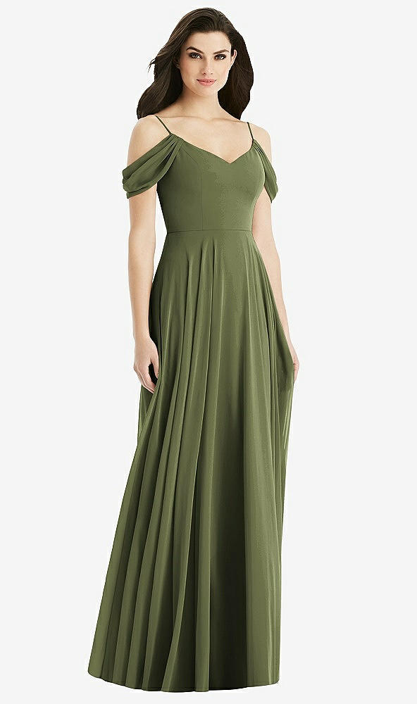 Back View - Olive Green Off-the-Shoulder Open Cowl-Back Maxi Dress