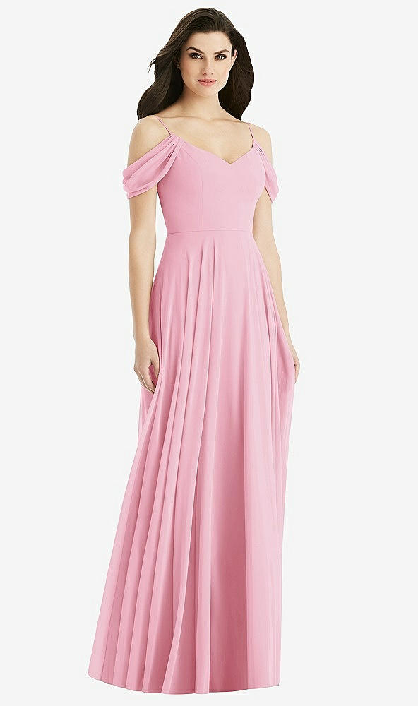 Back View - Peony Pink Off-the-Shoulder Open Cowl-Back Maxi Dress