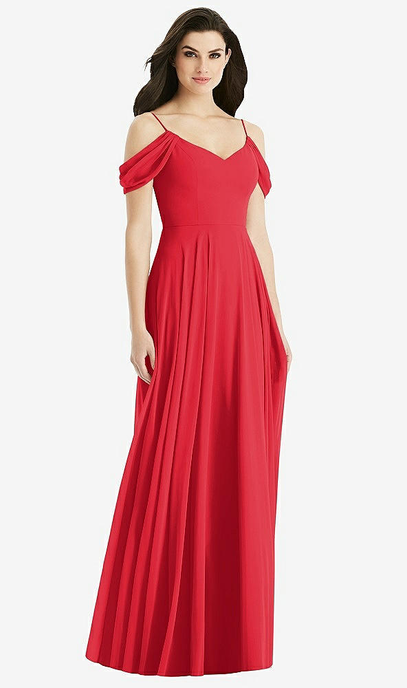 Back View - Parisian Red Off-the-Shoulder Open Cowl-Back Maxi Dress