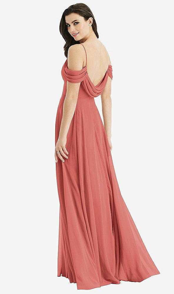 Front View - Coral Pink Off-the-Shoulder Open Cowl-Back Maxi Dress