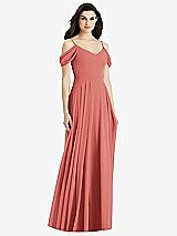 Rear View Thumbnail - Coral Pink Off-the-Shoulder Open Cowl-Back Maxi Dress