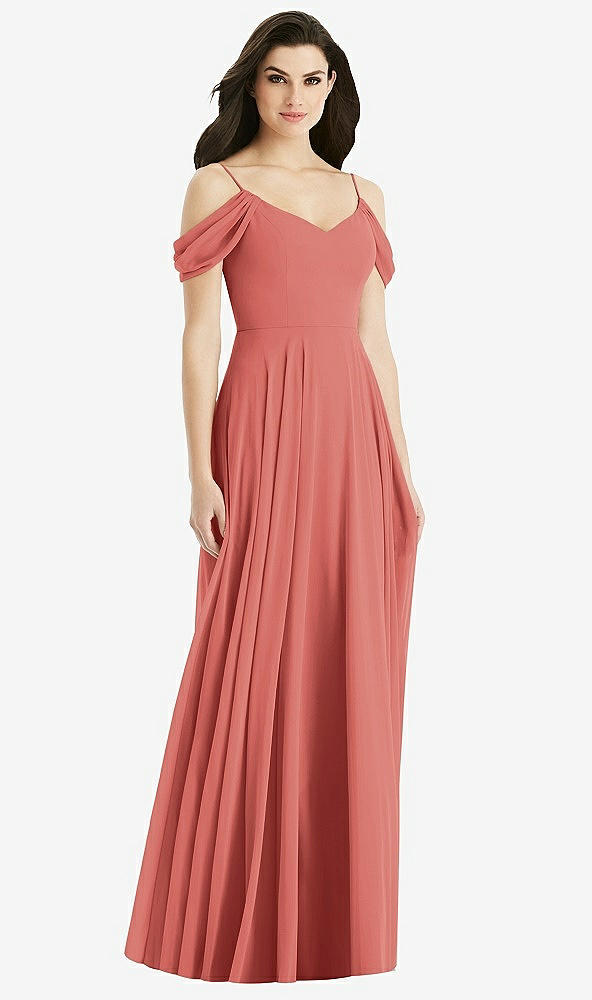 Back View - Coral Pink Off-the-Shoulder Open Cowl-Back Maxi Dress