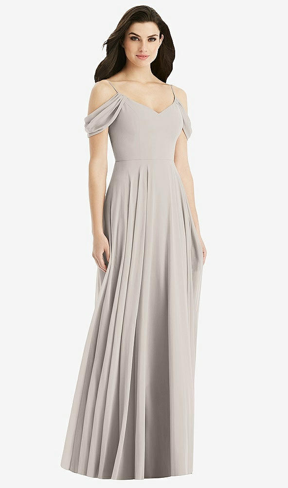 Back View - Taupe Off-the-Shoulder Open Cowl-Back Maxi Dress