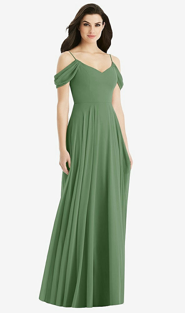 Back View - Vineyard Green Off-the-Shoulder Open Cowl-Back Maxi Dress