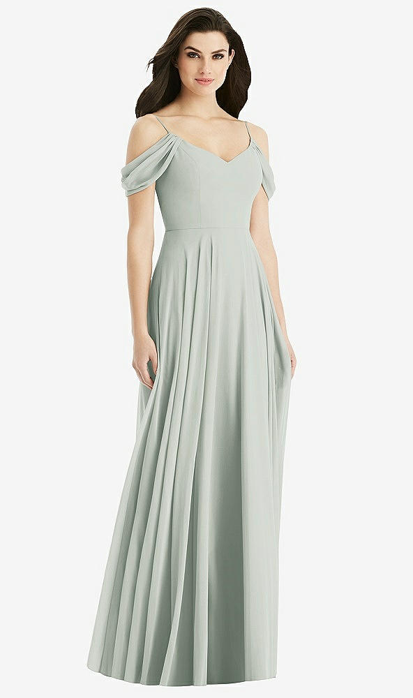 Back View - Willow Green Off-the-Shoulder Open Cowl-Back Maxi Dress