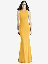 Rear View Thumbnail - NYC Yellow Criss Cross Twist Cutout Back Trumpet Gown