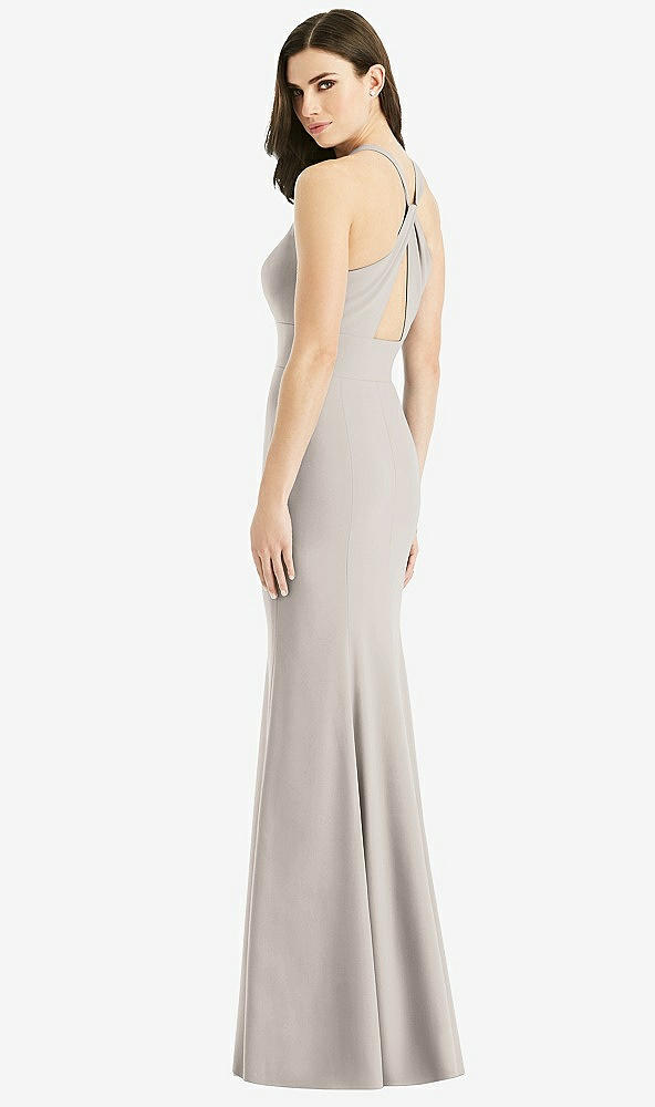 Front View - Taupe Criss Cross Twist Cutout Back Trumpet Gown
