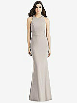 Rear View Thumbnail - Taupe Criss Cross Twist Cutout Back Trumpet Gown