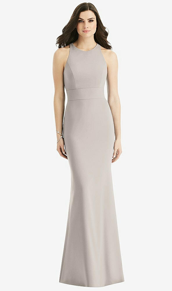 Back View - Taupe Criss Cross Twist Cutout Back Trumpet Gown