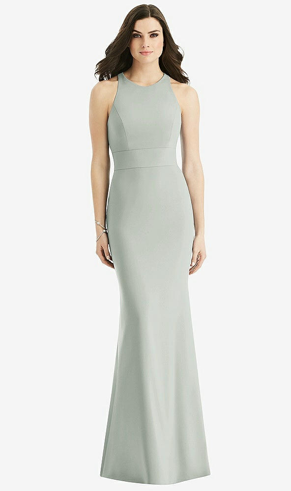 Back View - Willow Green Criss Cross Twist Cutout Back Trumpet Gown