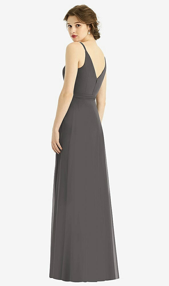 Back View - Caviar Gray Draped Wrap Chiffon Maxi Dress with Sash