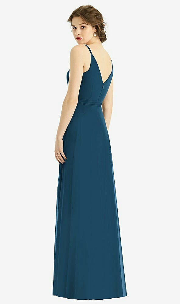 Back View - Atlantic Blue Draped Wrap Chiffon Maxi Dress with Sash
