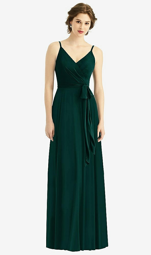 Front View - Evergreen Draped Wrap Chiffon Maxi Dress with Sash