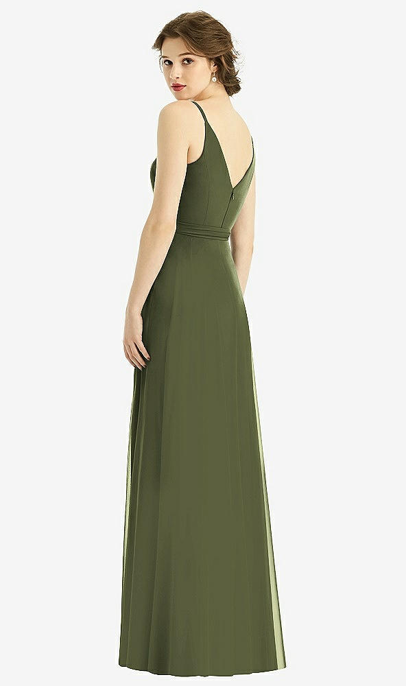 Back View - Olive Green Draped Wrap Chiffon Maxi Dress with Sash