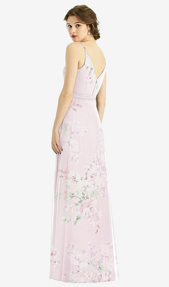 Back View - Watercolor Print Draped Wrap Chiffon Maxi Dress with Sash