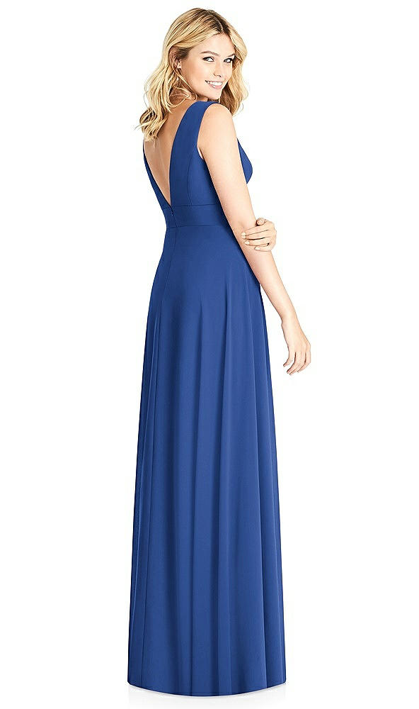 Back View - Classic Blue Sleeveless Deep V-Neck Open-Back Dress